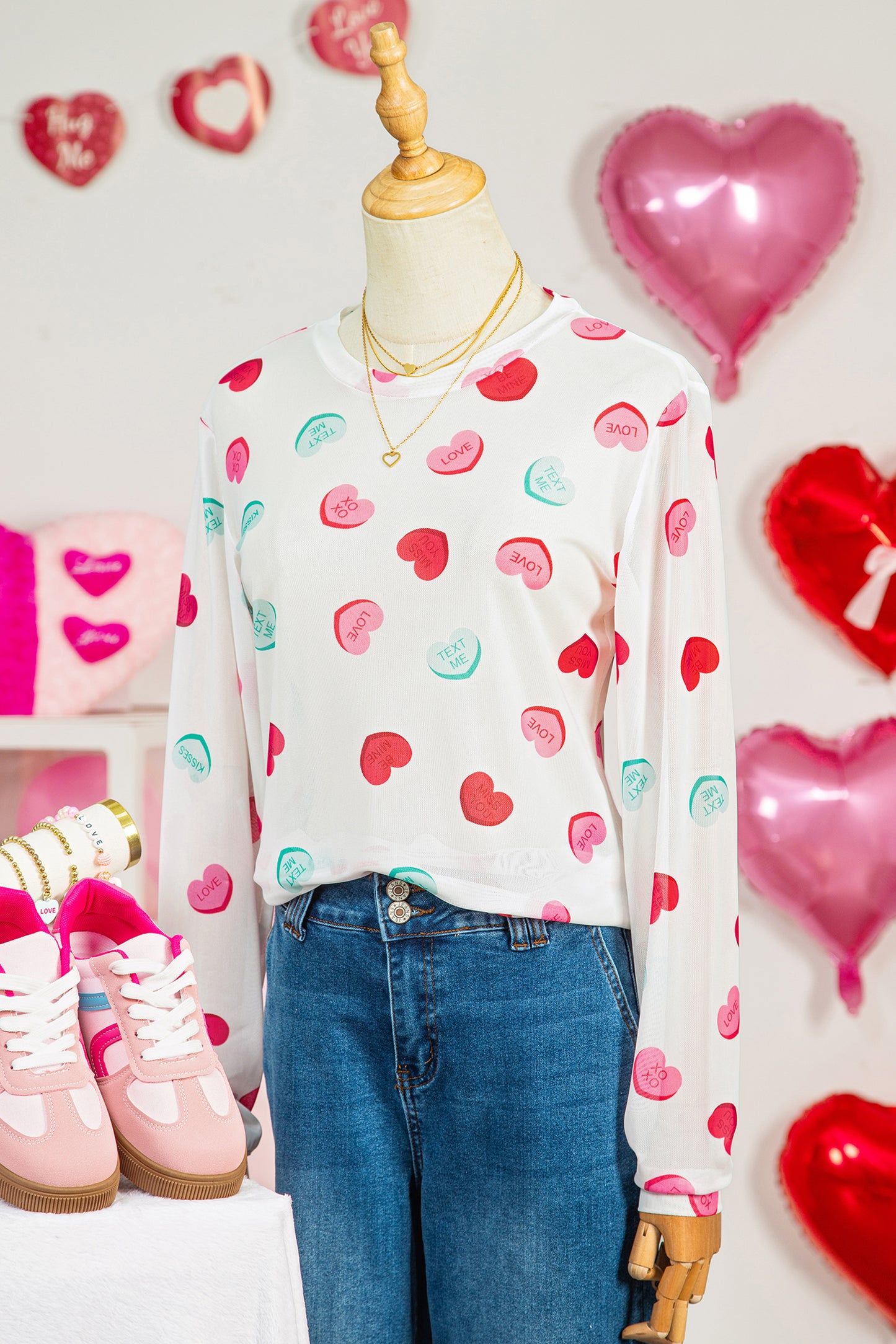 White Sheer Mesh Slogan Heart Printed Long Sleeve Top