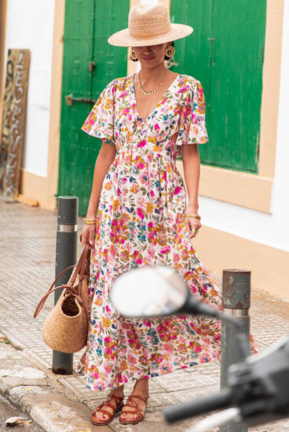 Easter Floral V Neck Short Sleeve Boho Maxi Dress