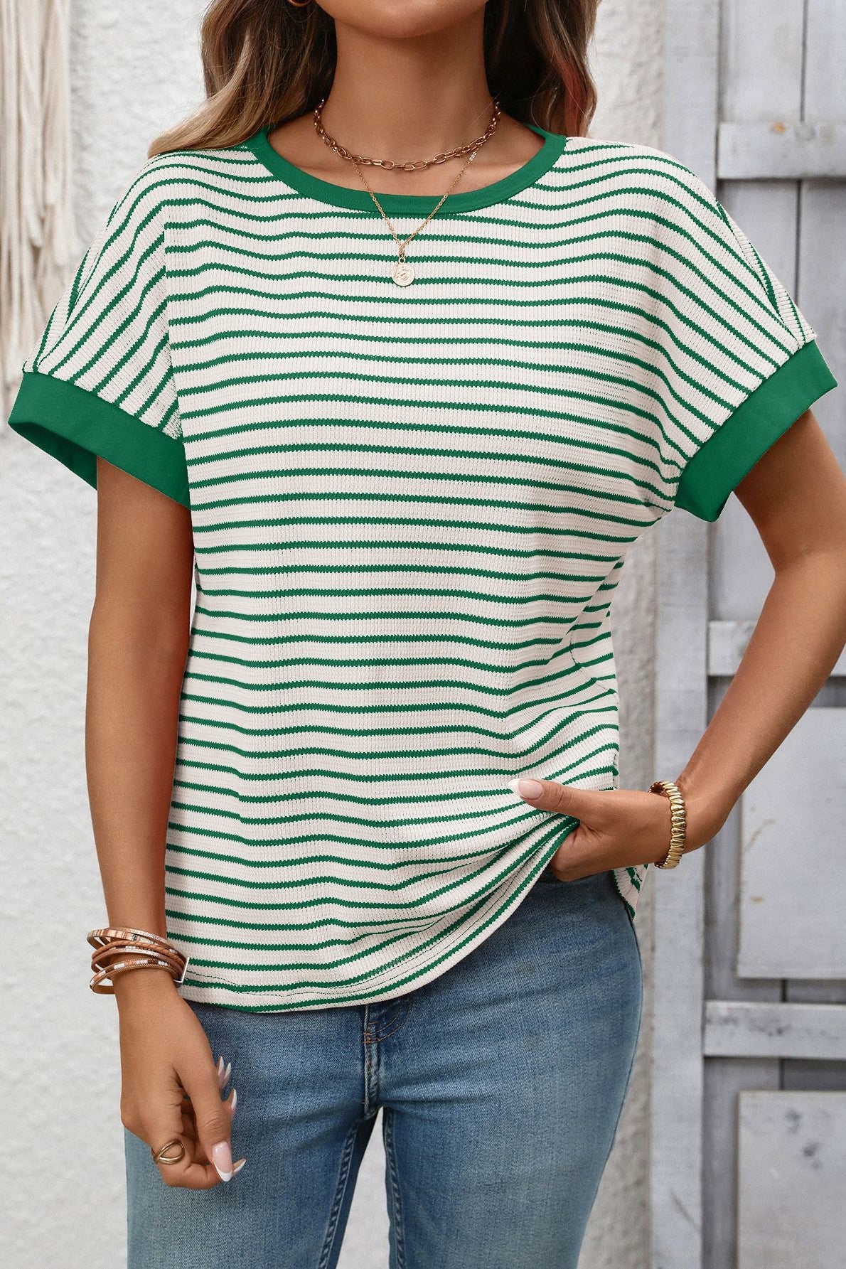 Striped Colorblock Short Sleeve Knit Tee for Women