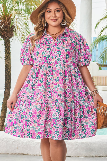 Plus Size Easter Floral Puff Sleeve Button A Line Dress