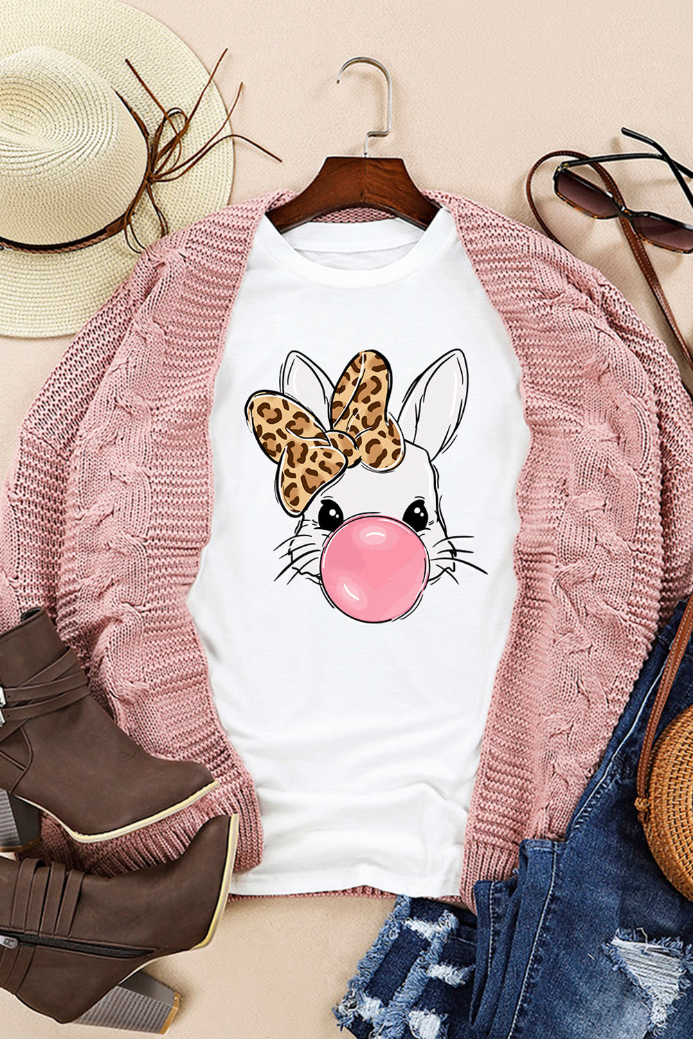 Leopard Bow Bunny Easter Graphic Tee