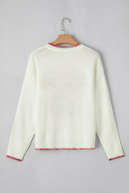 White Christmas Bow Contrast Trim Loose Knit Sweater