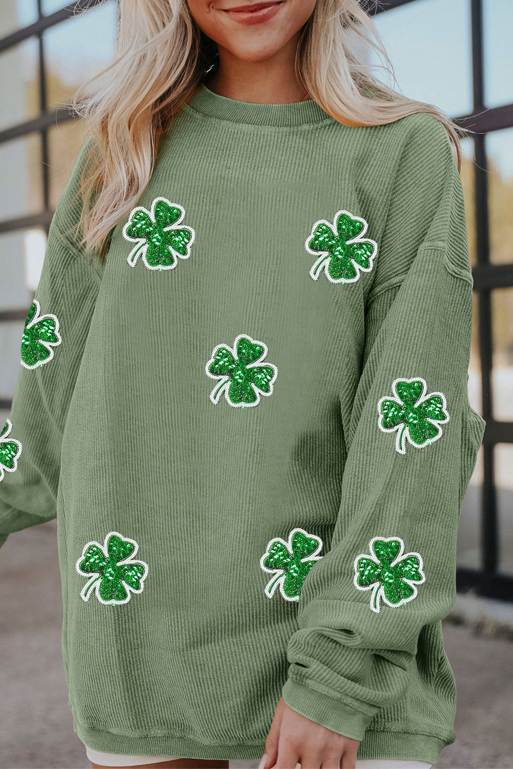 Green Ribbed Sequin Shamrock St Patrick’s Day Sweatshirt