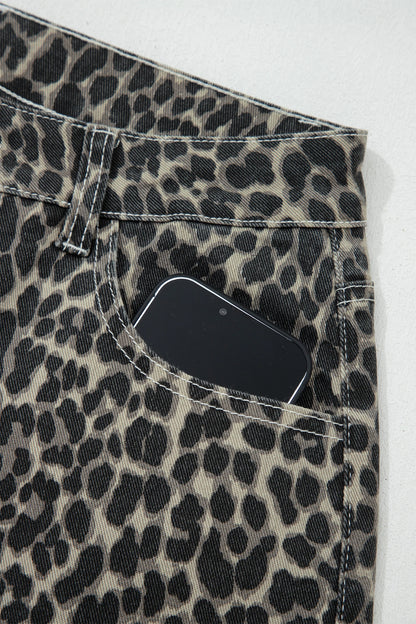 Black Leopard Print High Waist Barrel Leg Jeans
