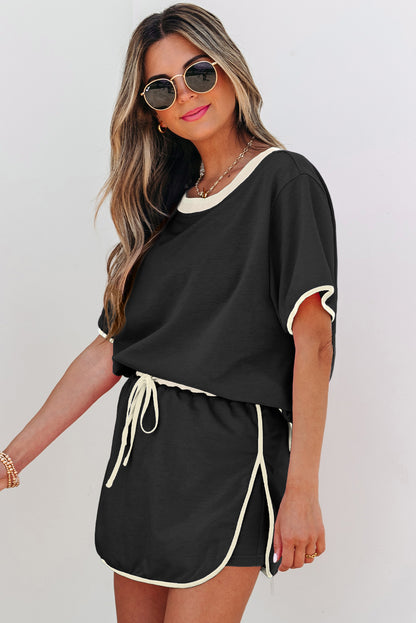 Colorblock Trim Tee Skort Set Drawstring Lounge Set