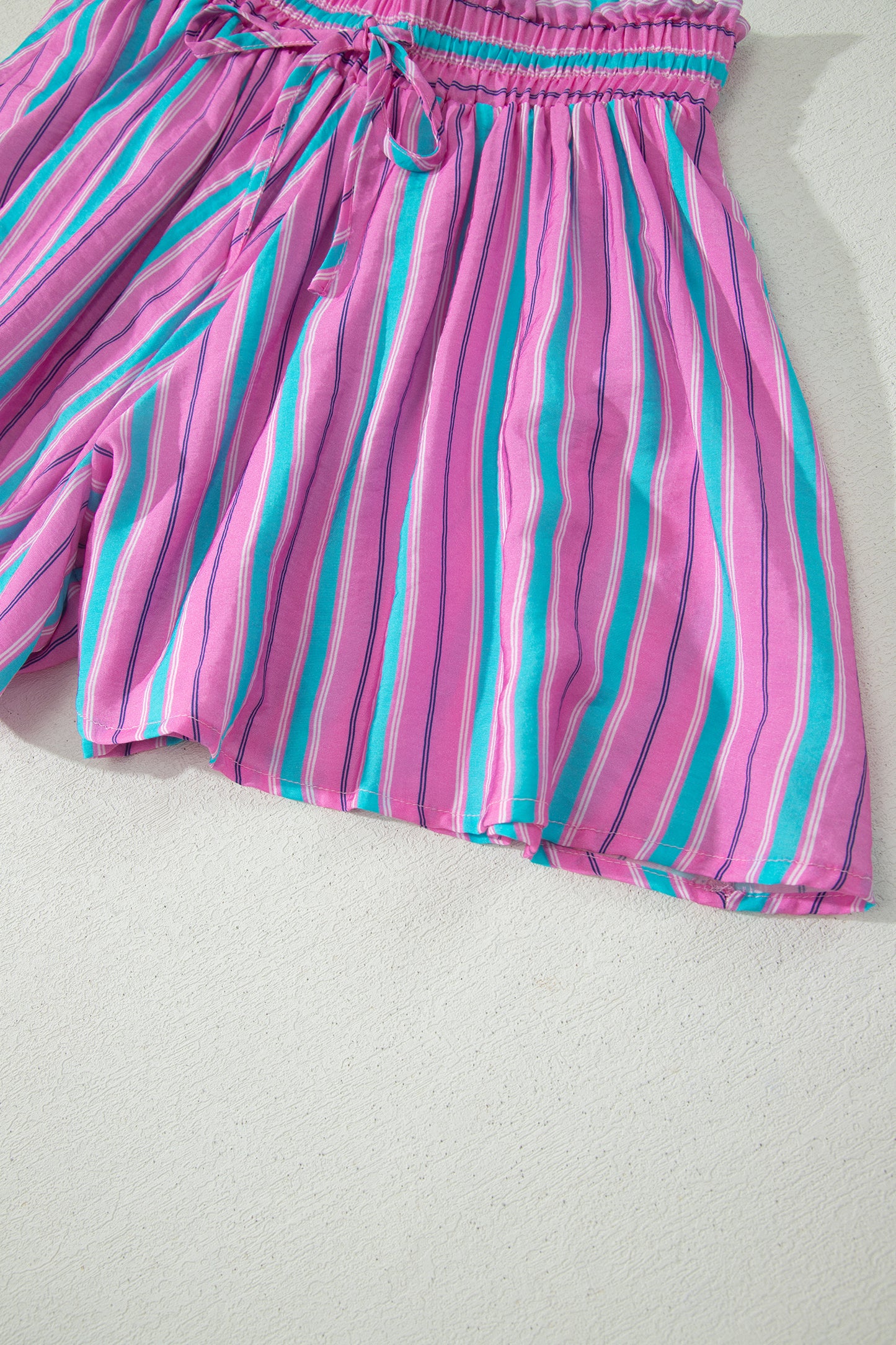Pink Stripe Puff Sleeve Two Piece Shorts Set