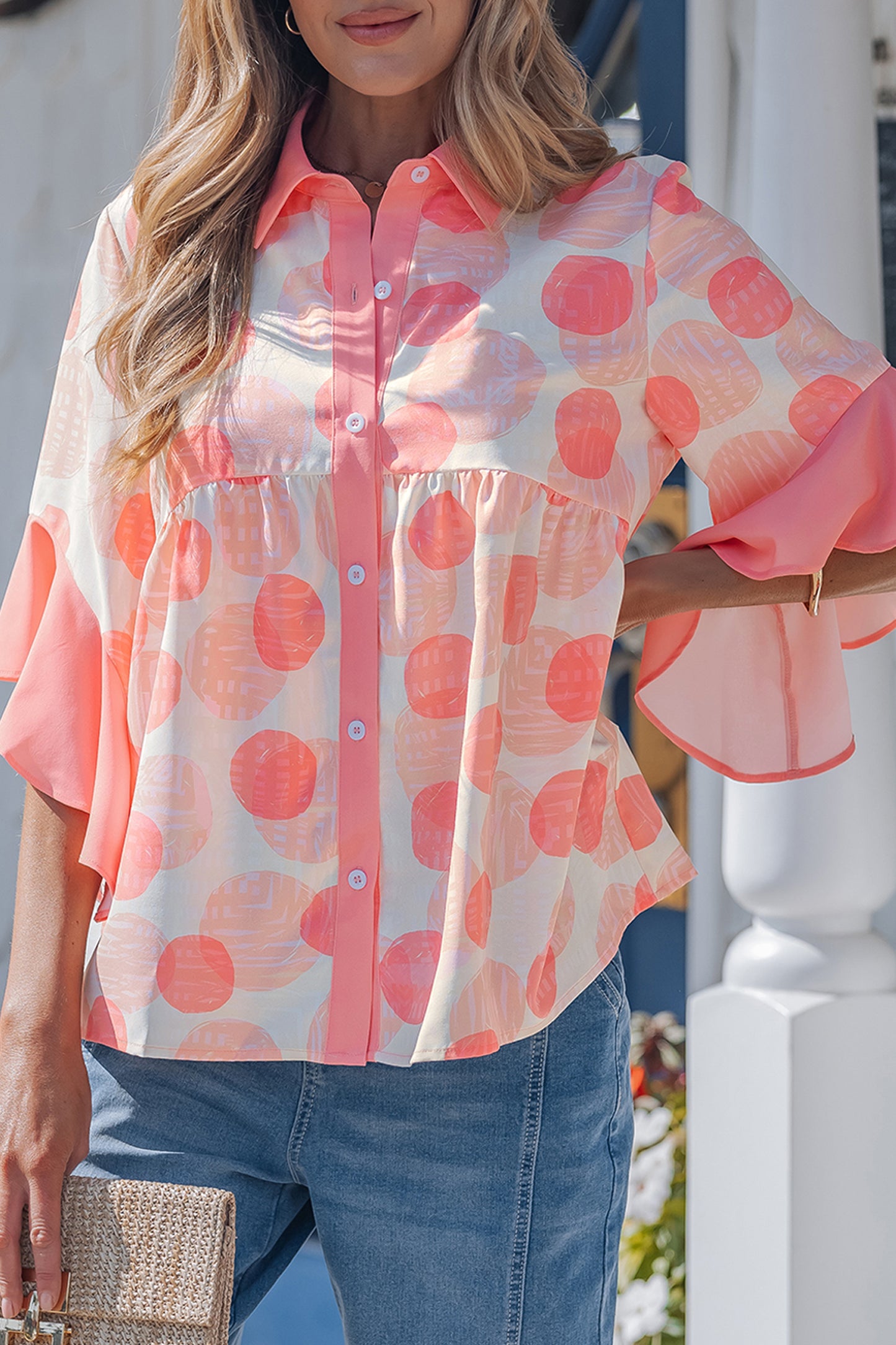 Abstract Dot Print Babydoll Top Women Ruffle Sleeve