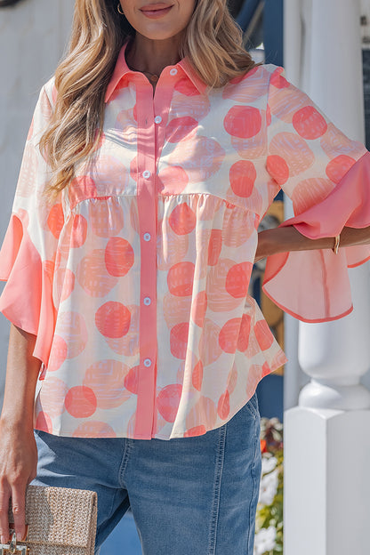 Abstract Dot Print Babydoll Top Women Ruffle Sleeve