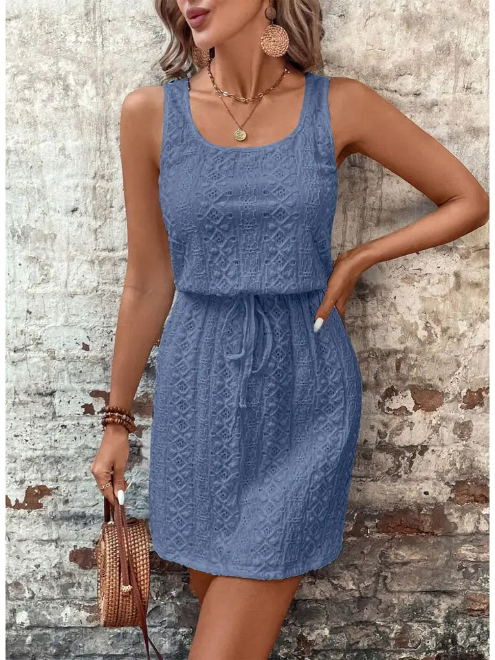 Dark Blue Lace Square Neck Drawstring Sleeveless Dress