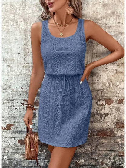 Dark Blue Lace Square Neck Drawstring Sleeveless Dress