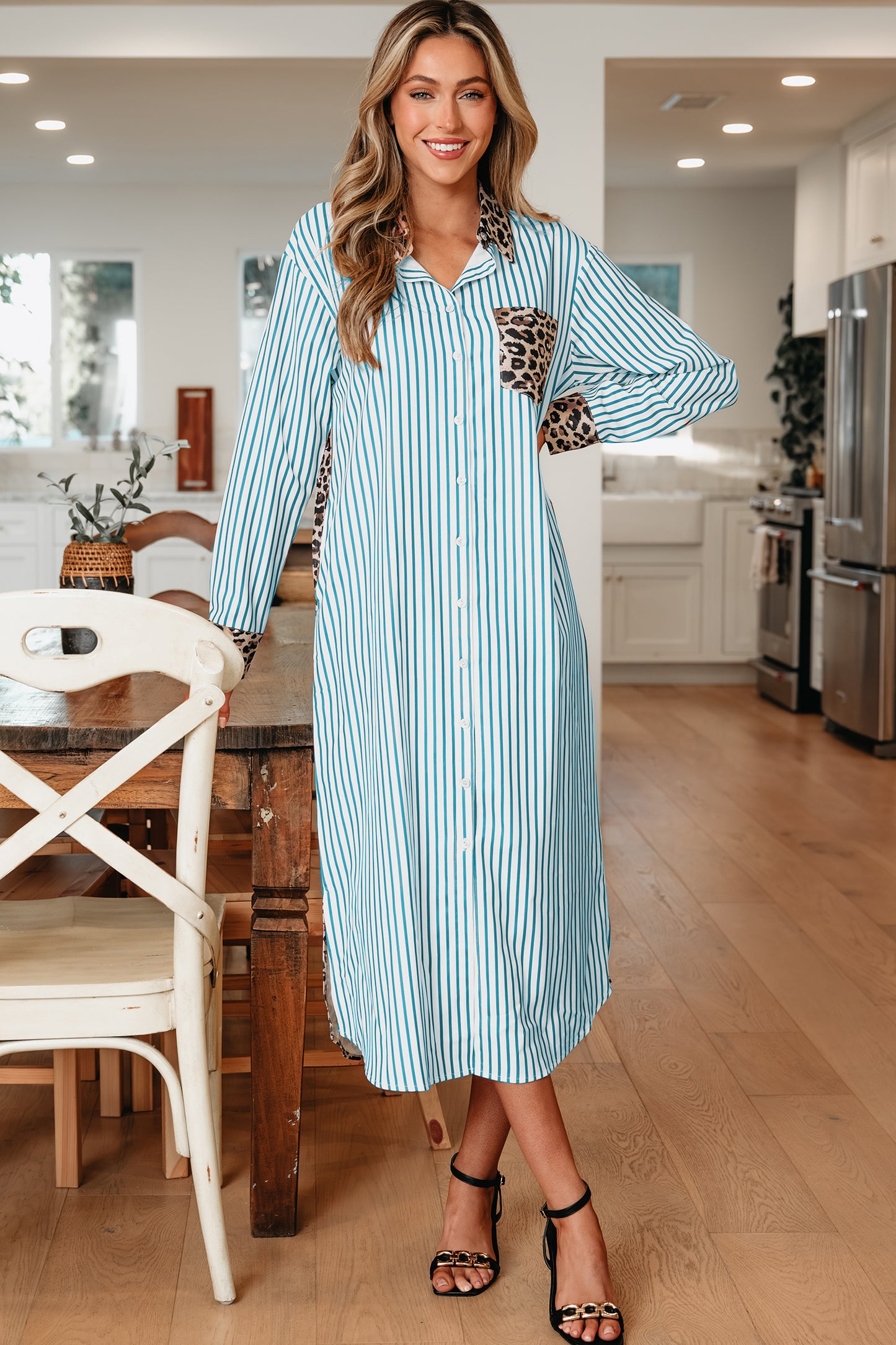 Brown Stripe Contrast Leopard Patchwork Long Shirt Dress with Slits