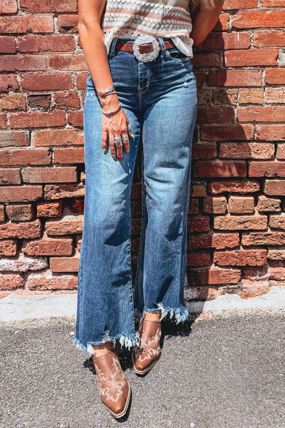 High Waist Flare Jeans Frayed Hem Western Denim Women
