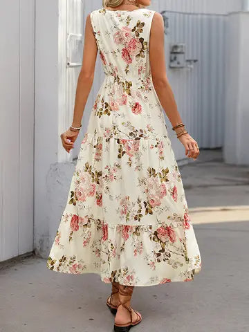 Floral V-Neck Sleeveless Maxi Dress with Tie Waist