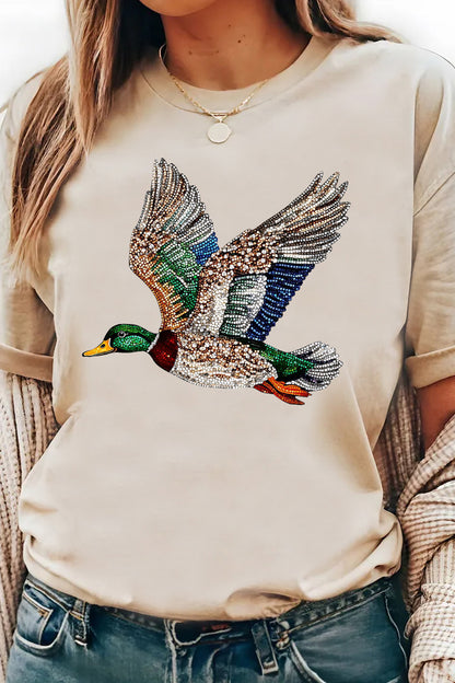Rhinestone Duck Graphic Tee Crew Neck Casual T Shirt