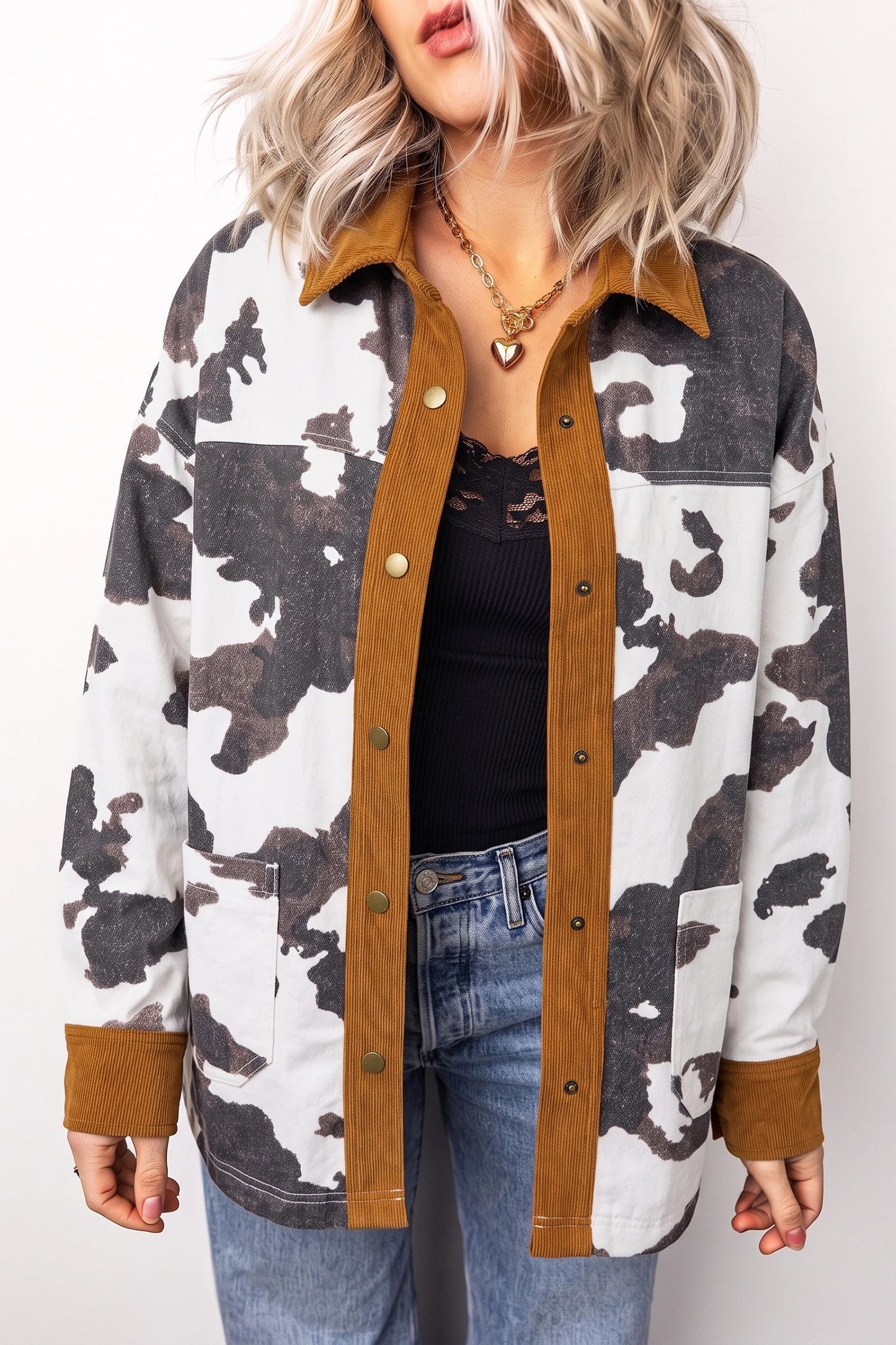 Cow Print Corduroy Trim Western Oversized Shacket