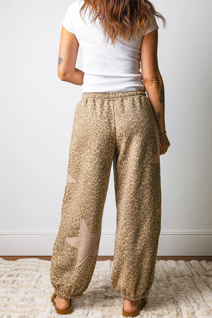 Leopard Star Patch Jogger Pants Drawstring Waist Loose