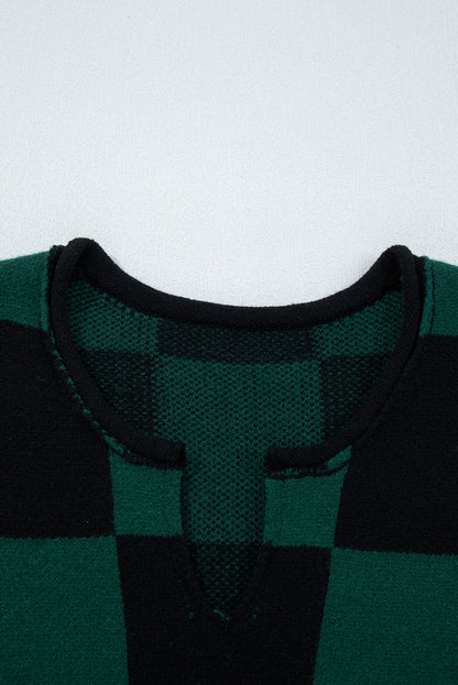 Women's Checkered Knit Sweater with Notched Neck