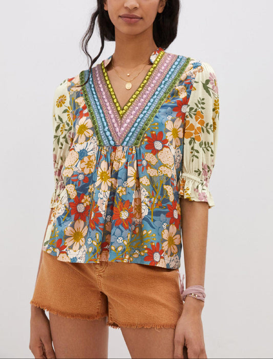 Boho Floral V Neck Crochet Trim Puff Sleeve Blouse
