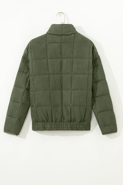 Olive Green Quilted Zip-Up Jacket with Pockets