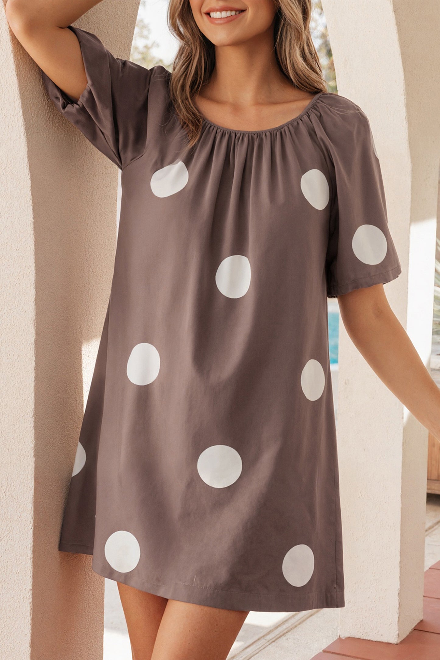 Brown Polka Dot Puff Sleeve Loose Fit Mini Dress