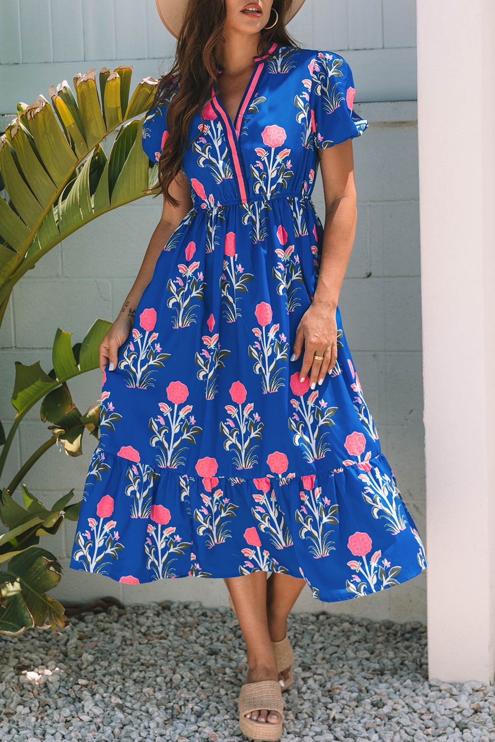 White Floral Contrast Trim V Neck Maxi Dress