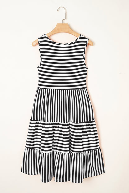 Black White Stripe U-Neck Sleeveless Loose Mini Dress
