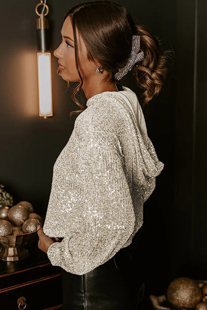 Sparkly Sequin Hooded Long Sleeve Party Top