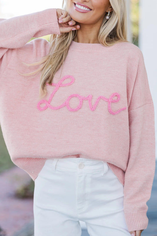 Valentine Pink Love Script Corded Knit Sweater