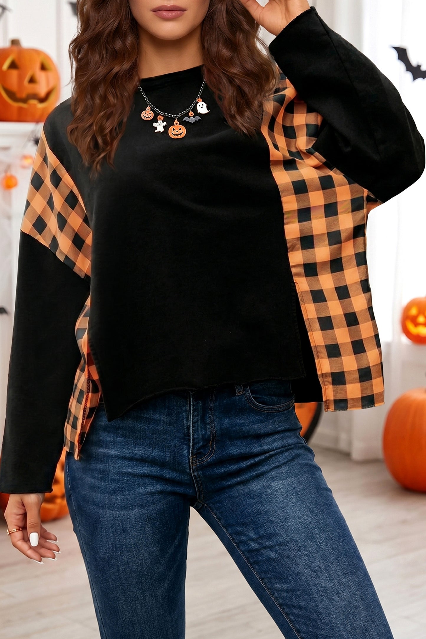 Halloween Pumpkin Face Plaid Patchwork Long Sleeve Top