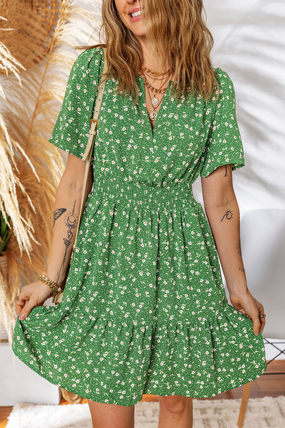 Boho Floral V Neck Smocked Waist Mini Dress