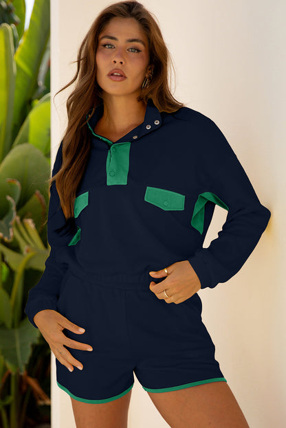 Color Block Patchwork Pullover and Shorts 2pcs Set