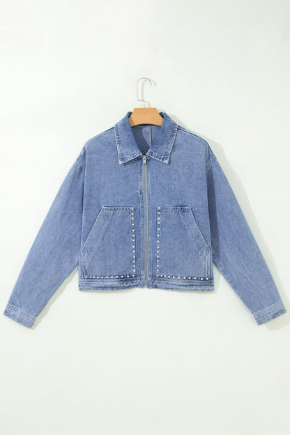 Pearl Studded Oversized Denim Zip Front Jacket