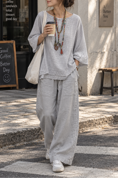 Women's Linen Blend Striped Top & Pocket Pants Set