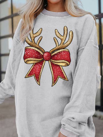 Christmas Antler Bow Graphic Corded Pullover Sweatshirt