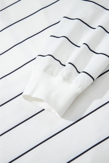 White Striped Zip V Neck Drop Shoulder Long Sleeve Top