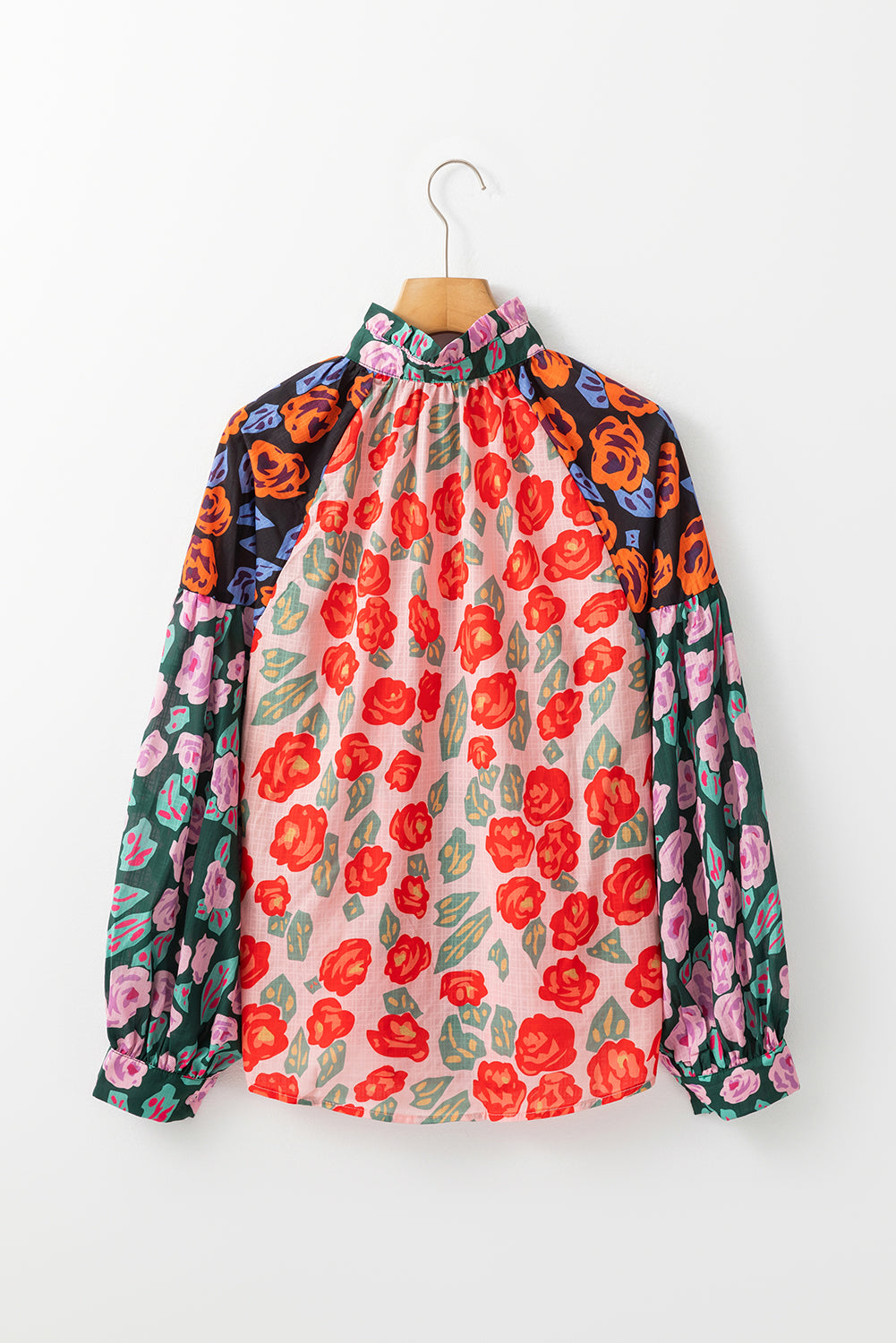 Red Colorblock Floral Printed Puff Sleeve Shirt