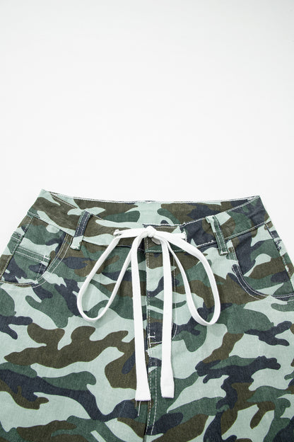 Green Camo Print Wide Leg Drawstring Denim Pants