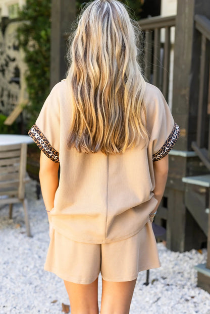 Parchment Leopard Trim Zipped Short Sleeve Casual Set