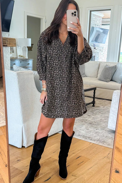 Khaki Leopard Print V Neck Zip Up Bracelet Sleeve Shift Mini Dress