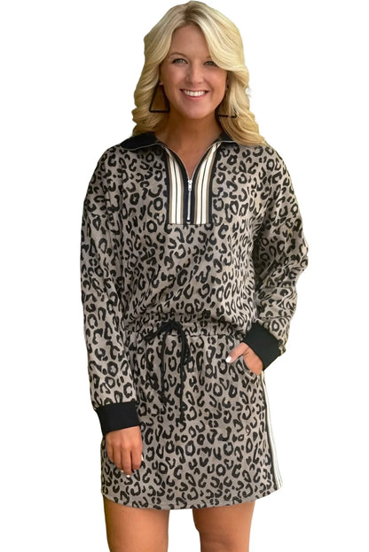 Jet Stream Leopard Print Quarter Zip Long Sleeve Top Drawstring Mini Skirt Varsity 2pcs Set