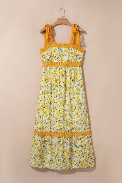 Pink Floral Lace Strap Empire Waist Maxi Dress