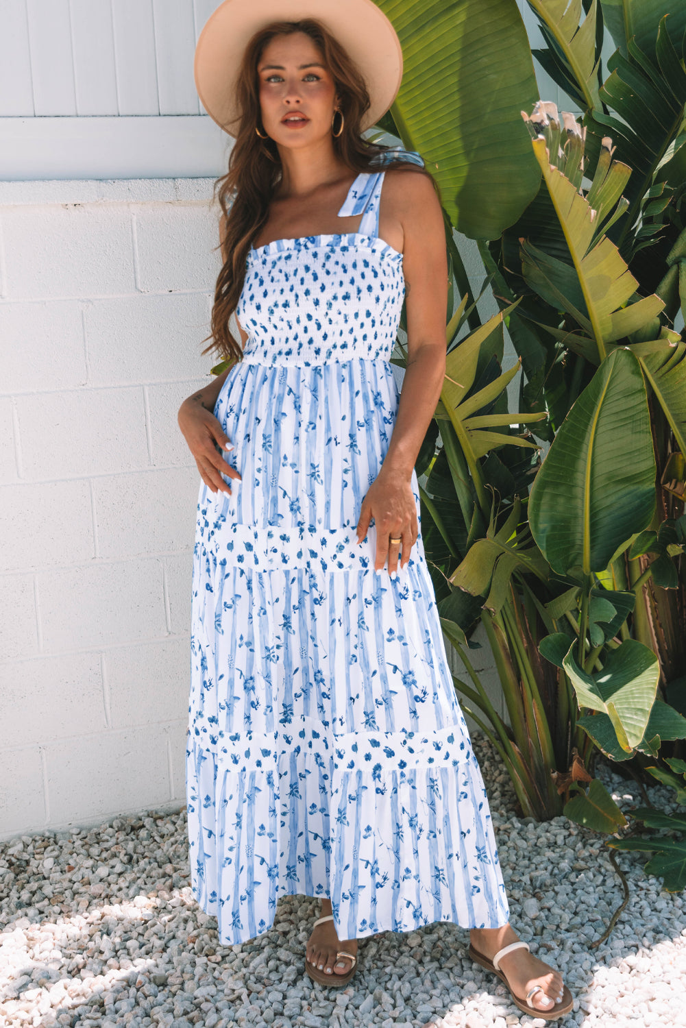 Sky Blue Floral Smocked Tiered Maxi Dress