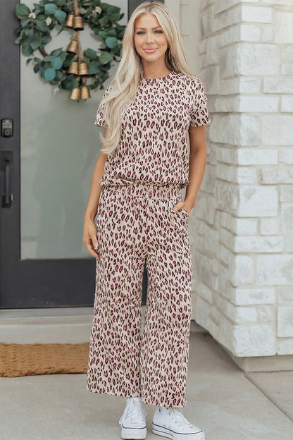 Beige Leopard Print Short Sleeve Top and Wide Leg Pants Set
