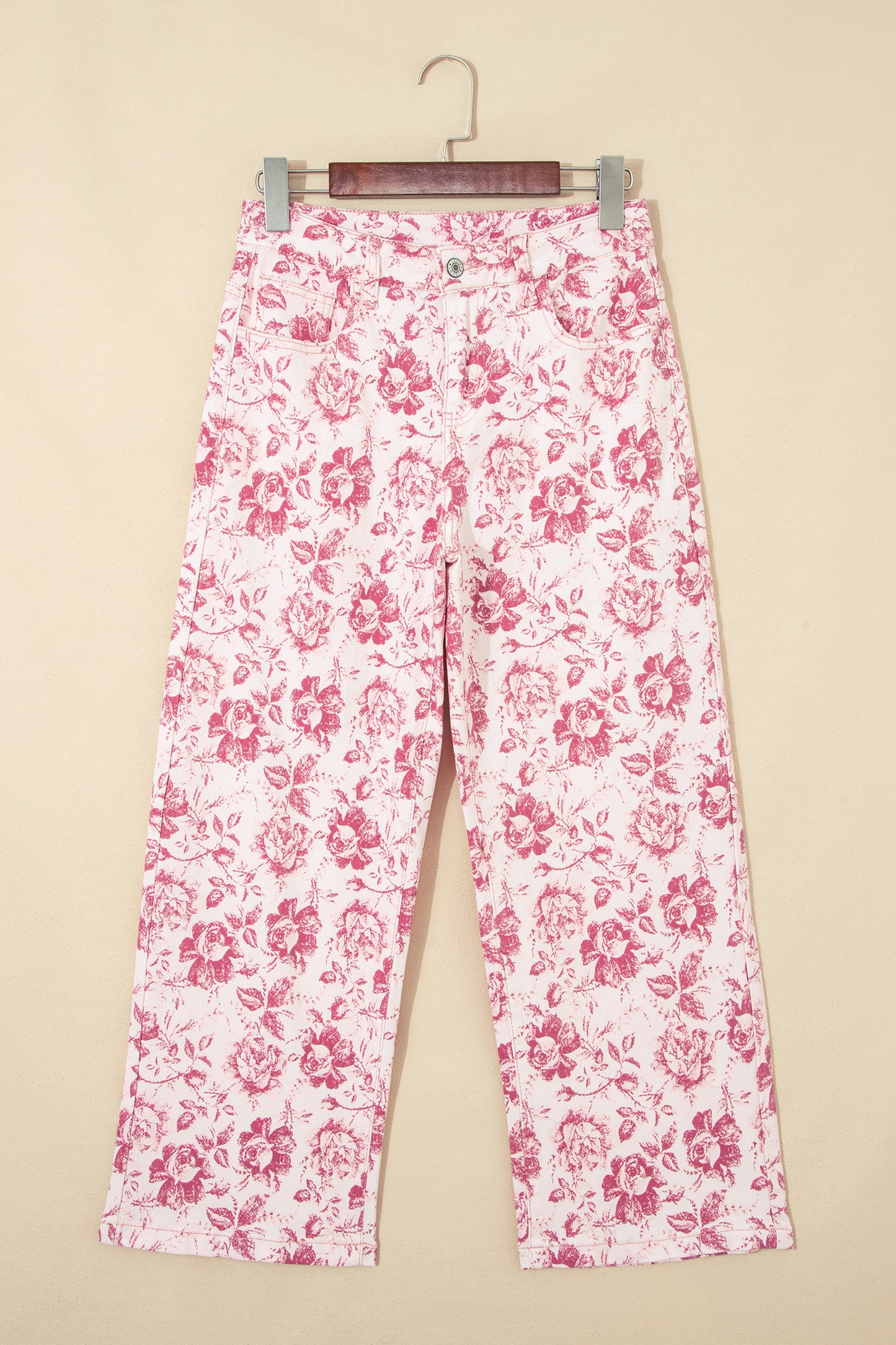 Pink Vintage Floral Print Wide Leg Denim Pants