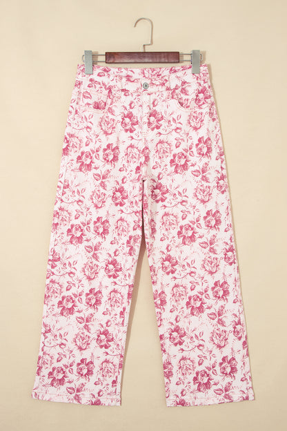 Pink Vintage Floral Print Wide Leg Denim Pants