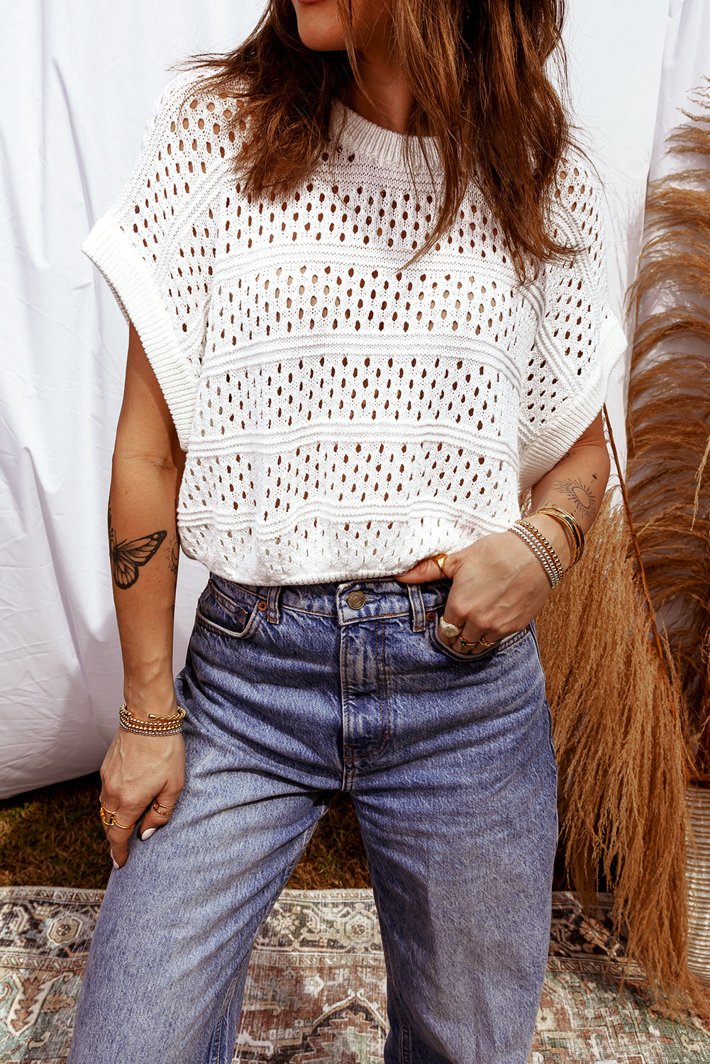 White Open Knit Short Sleeve Round Neck Dolman Sweater Top