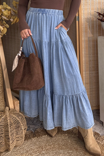 Blue Tiered Denim Maxi Skirt Elastic Waist Casual Summer