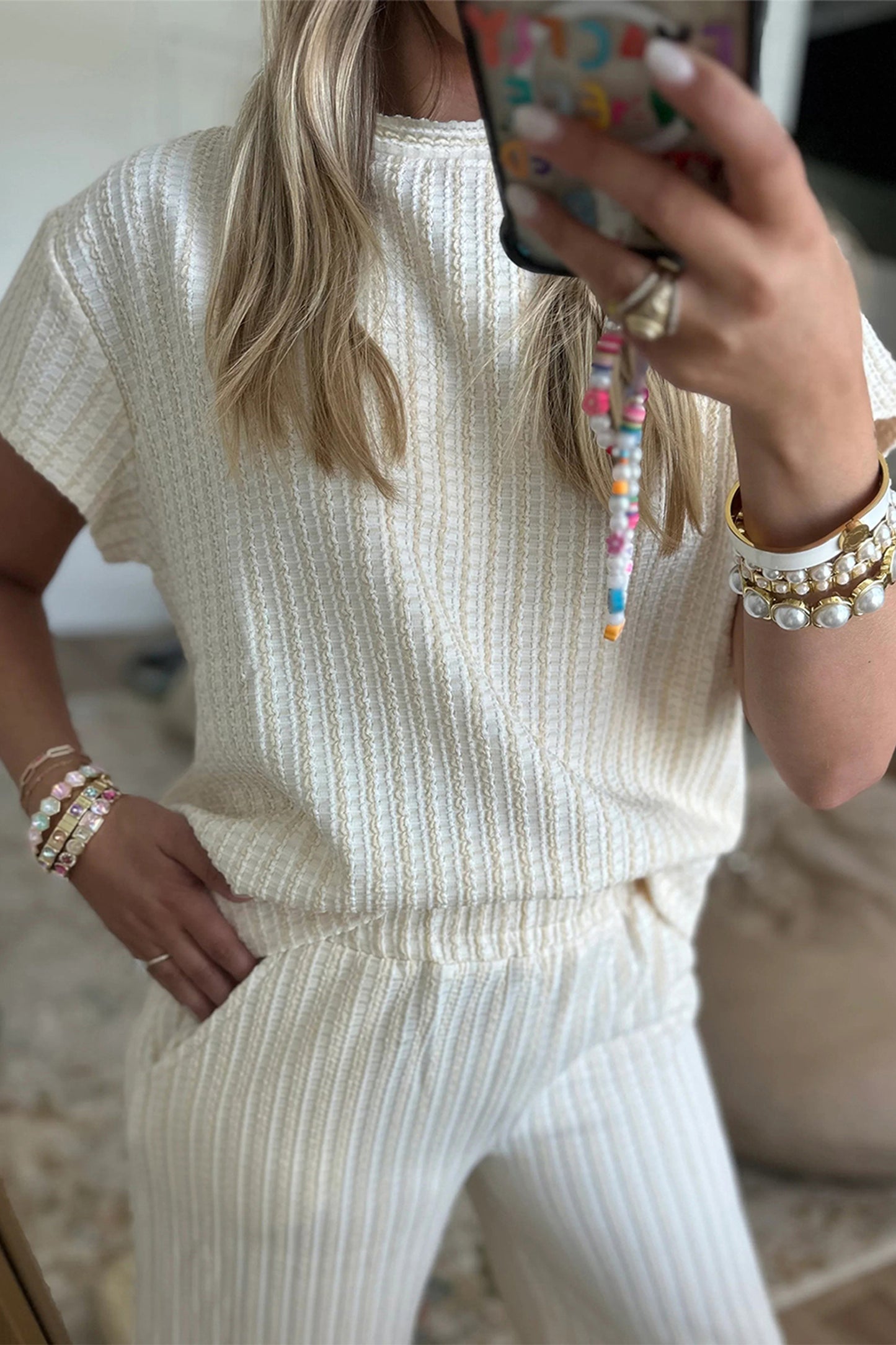 Textured Knit Set Loose Fit Lounge Top Wide Leg Pants