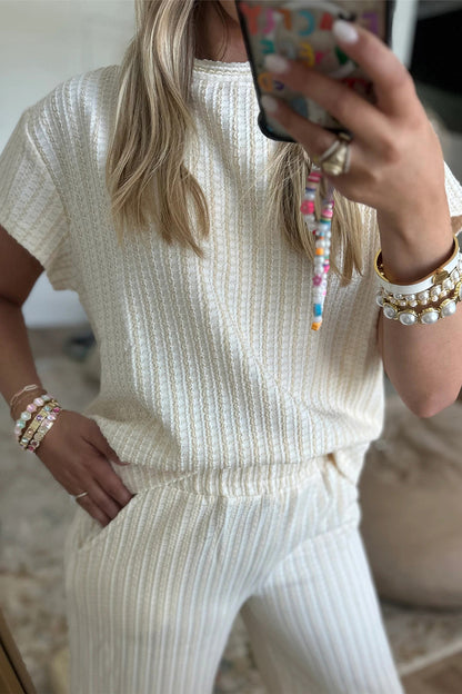Textured Knit Set Loose Fit Lounge Top Wide Leg Pants