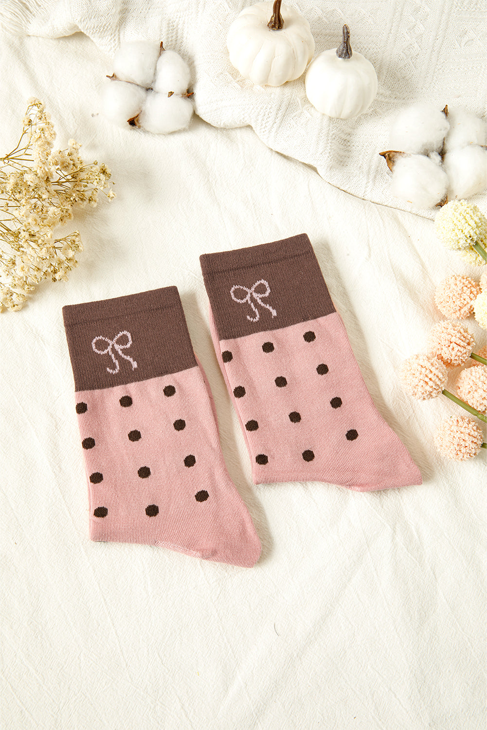 Polka Dot Bow Crew Socks Soft Cute Contrast Block